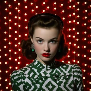 woman in Christmas by laurie simmons 2, in a green and white dress with red lipstick