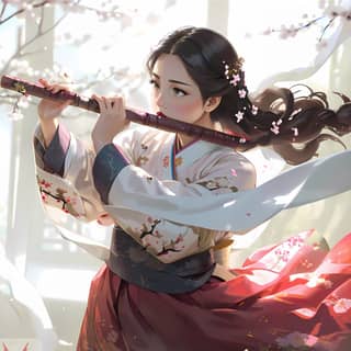in a kimono playing a flute