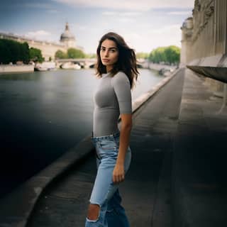 In piedi su un ponte vicino a un fiume con jeans dritti blu.