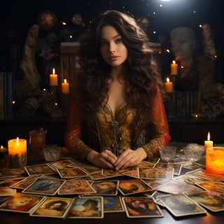 Crear chica de unos 30 años tarot gabiente de tarot y astrologia y ella con unas cartas tarot 2