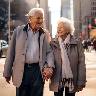 Una pareja de ancianos camina de la mano en el colorido día de la ciudad.