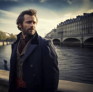 Jean Valjean de Les Misérables sta in riva al fiume nel suo cappotto nell'Parigi del diciannovesimo secolo.
