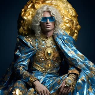 Versace universe, in a gold and blue dress sitting on a throne