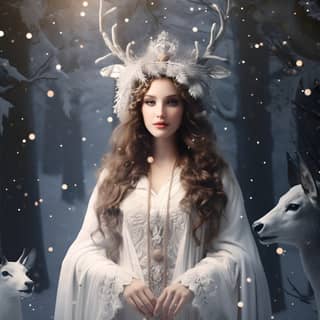 draw the goddess of winter with a wreath of fir branches and snowflakes on her head in a white winter robe a fabulous and