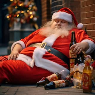 一個喝醉了的聖誕老人，沒有鬍鬚，躺在街上，周圍是啤酒瓶。