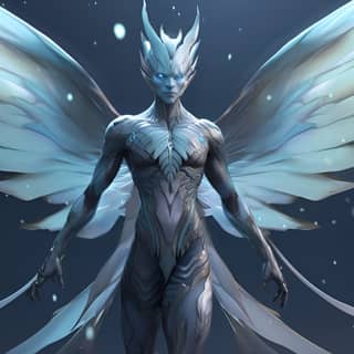 a handsome male humanoid with features of a Exocoetidae hovering in the water He stands "6 5" with a slim muscular build His