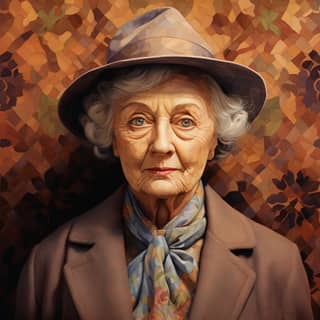 miss marple, an old woman wearing a hat and scarf