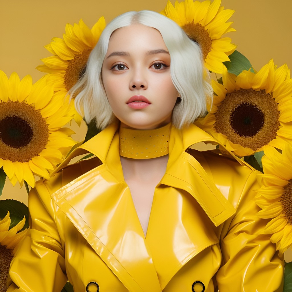 model with yellow hair wearing a pvc yellow trench in a full body photoshoot like campaign with giant sunflowers as props