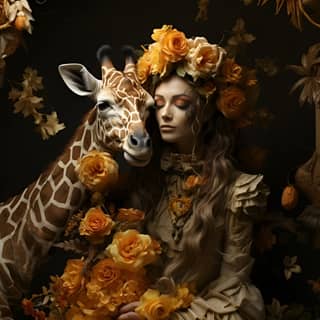 's painting surrounded by a giraffe two tigers and plants in the style of kirsty mitchell brooke shaden life-like avian