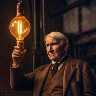 a side view of thomas edison holding a lighbulb in his hand old grainy photo 2