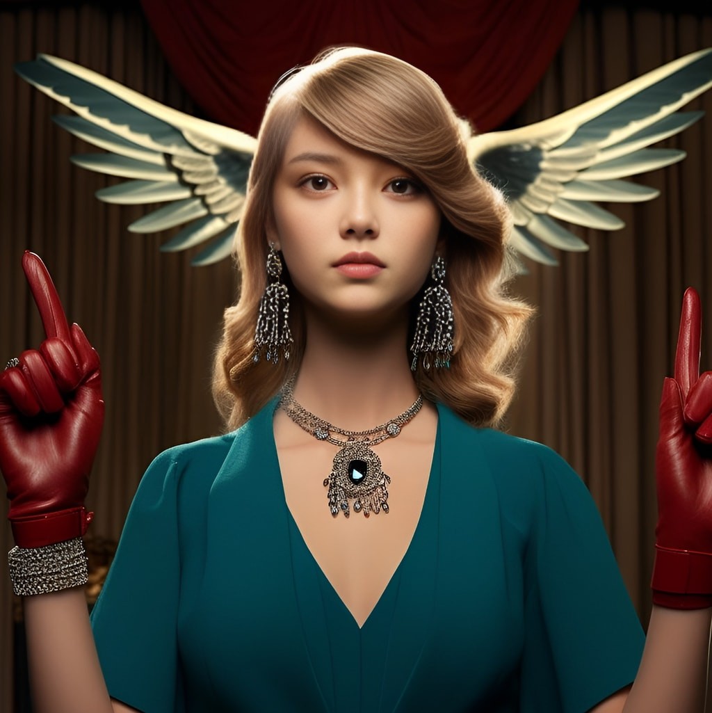 taylor swift takes the oath as the elected president with one hand up dark aquamarine and light amber eco-friendly