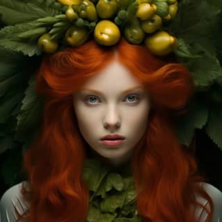 woman in green wearing carrot crown and red hair in the style of naturalistic color palette photo taken with provia mythical