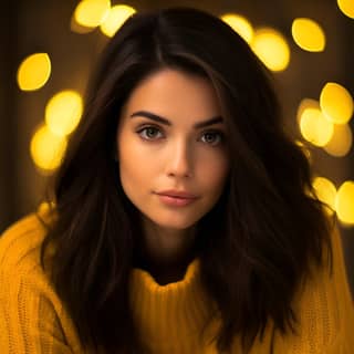 woman in yellow sweater sitting on the floor next to christmas tree black hair long hair straight hair in the style of