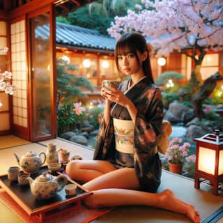 in a kimono sitting on a tray with tea