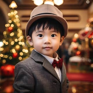 2-year-old cute Asian boy no smile no smile wearing a Christmas hat in a luxurious hall behind a gorgeous Christmas tree 2