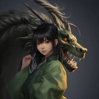 Female Japanese Teenager with dragon hide monster Godzilla girl black hair green eyes WIT studio anime semi realistic