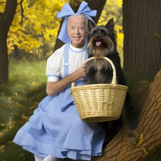 Joe Biden as Dorothy from the Wizard of Oz holding a basket with dark haired terrier in the basket 2