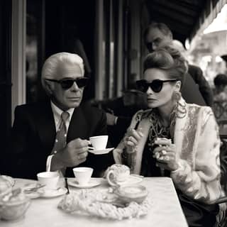 Karl Lagerfeld e uma jovem Gabrielle Chanel desfrutando de café em um Café parisiense.