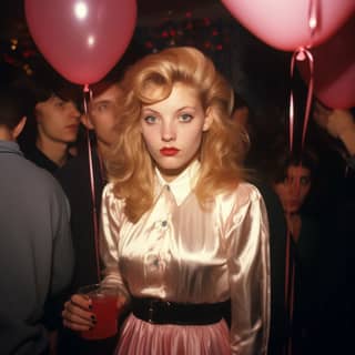 Laura Palmer at a 80s house party, holding pink balloons at a party