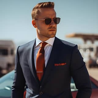 Multimillonario magnate en traje y corbata de pie junto a un coche con impresionante paisaje de alta intensidad.