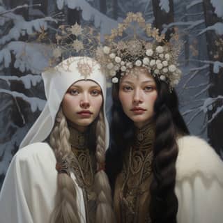 blessed winter sisters, two women dressed in white and wearing crowns