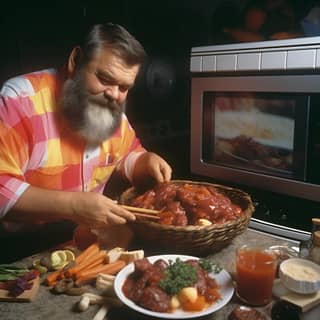 Un'immagine a colori scattata nel 1983 di uno spettacolo di cucina con un mainese caucasico di 42 anni con una lunga barba grigia, vestito in modo simile a Julia Childs, mentre prepara un Boeuf Bourguignon.