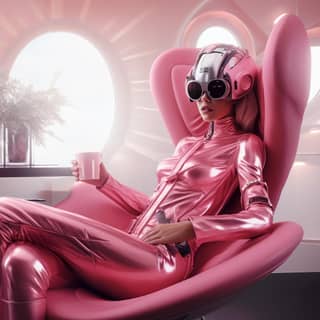 female wearing hightech shiny pink spacesuite sitting in cafe with cup of coffee in one hand