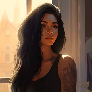 https://s mj run/IiAyAx_1uBw exotic woman long black hair wearing a black tank top tattoos standing in front of a window in