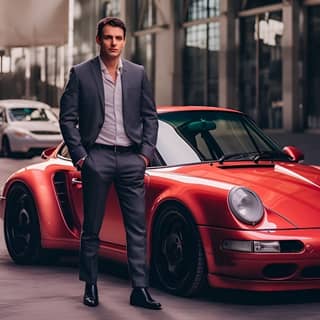 Uomo in piedi accanto a una Porsche 911 turbo rossa - senza barba.