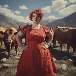 Très grosse adolescente avec une coiffure étrange souriant dans une robe vintage rouge devant un fond de montagnes grand-angle avec des vaches.