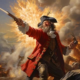 Legendary English Redcoat in fury firing his musket god 1500