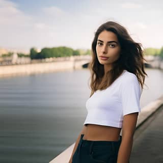 Mujer con camiseta blanca y shorts caminando en la orilla del río Sena en París.