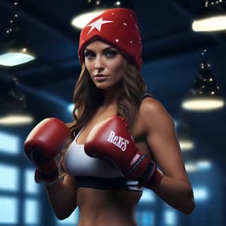 beautiful woman with perfectly proportioned body boxing fighter santa hat on head octane render boxing gym background