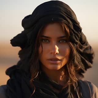 cinematic fashion glamour photography 35 years old midle east woman in the dessert round face etnic dark elegance outfit