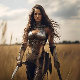 full body pose female warrior brunette in chainmail armor holding a spear in front of a wide open field