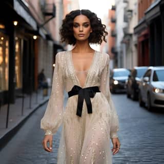 full height beautiful model walking in the New York streets wearing an ivory sheer fully sequin beaded embroidered tulle