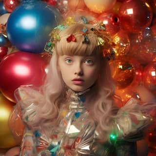 a girl dressed up like a christmas ball surrounded by ornaments in the style of surrealistic installations made of plastic