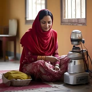 robots are helping punjabi women in household chores, in a red shawl sits on the floor next to a robot