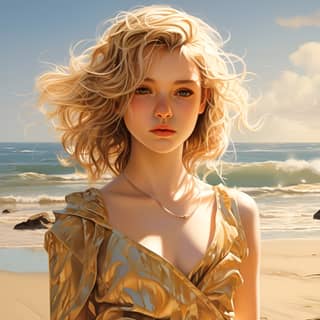 woman in a on the beach in the style of anime inspired realistic depiction of light light gold and light bronze i can't