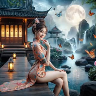 Uma mulher em um vestido oriental senta-se em uma ponte de madeira cercada por borboletas.