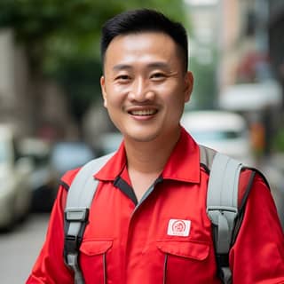 A 40-year-old Chinese delivery driver wearing a uniform and holding a delivery bag He stands on the street surrounded by