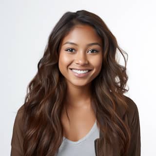 Una mujer Blasian en una chaqueta marrón y camiseta blanca, con el pelo largo y liso de color marrón, sonriendo, 19 años, en la vida real.