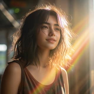 One Girl Smiley Black Hair Full Body Rainbow Dreamy Depth of Field Mottled Sun Super Detail Best Quality