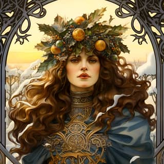 art nouveau of the month Yule as a Goddess Christmas Winter Solstice Wiccan Holiday sun cross wreath crown Art Deco tarot