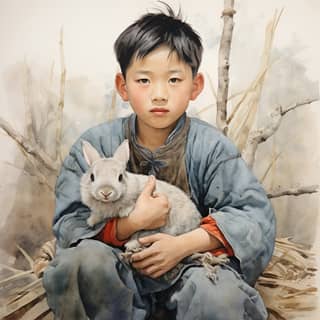 A country boy holding a rabbit in his hand, a boy holding a rabbit