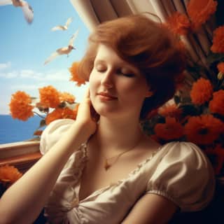 https://s mj run/0qRQ1vmFYCU https://s mj run/RbKucMER-qY, is sitting in front of a window with flowers