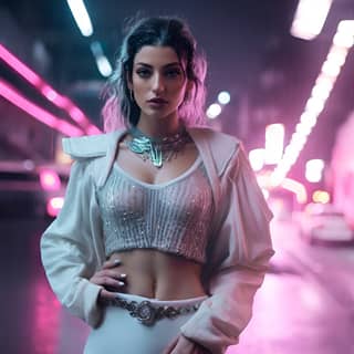 https://s mj run/UHnqbZ9M3i4 urban environment with this woman dressed in cyborg clothes 80s futuristic cyberpunk rain night