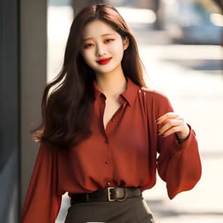 https://s mj run/aO2kGMVF7Uw korean women casual blouse v neck in the style of red and brown panasonic lumix s pro 50mm f/1