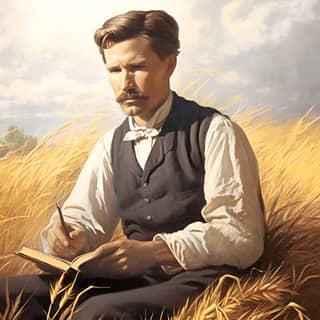 Hombre sentado en un campo escribiendo en un cuaderno en 1882 cerca de un campo de trigo en verano.