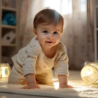 明るい色の子供部屋で、喜びいっぱいの1歳の子どもが床を這っています。